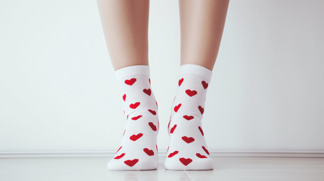 White socks with hearts on female feet against white wall. Valentine's Day.