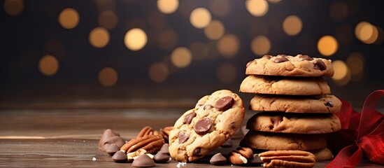 Appetizing cookies with chocolate and sprinkled with nut shavings useful homemade cookies the girl learns to bake at home and treat family and friends with her baked goods. Copy space image - obrazy, fototapety, plakaty