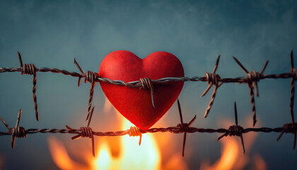 red heart symbol wrapped in barbed wire fence and the fire burning behind. Valentines day and love concept