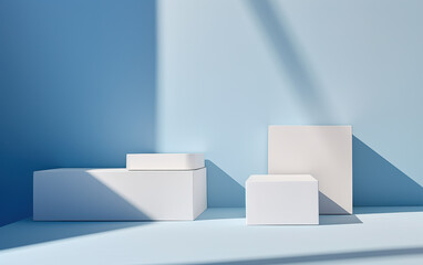 Abstract realistic 3D white geometric stand podium set with lighting and shadow. Minimal wall scene for product display presentation. Studio room. 