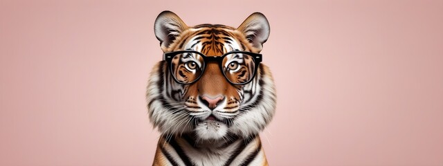 Studio portrait of a tiger wearing glasses on a simple and colorful background. Creative animal concept, tiger on a uniform background for design and advertising.