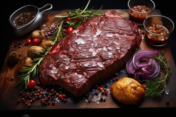 The aesthetics of roasted meat, grilled, savory and hearty, steak, cooking menu, deep-fried in large chunks, hot and cold dish, unhealthy and delicious product tasty .