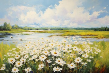 Beautiful chamomile flowers in the field. Digital painting.