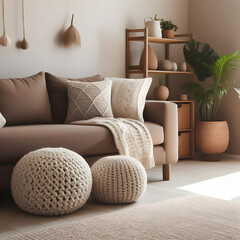 Two Knitted Poufs Near Brown Corner Sofa with Plants