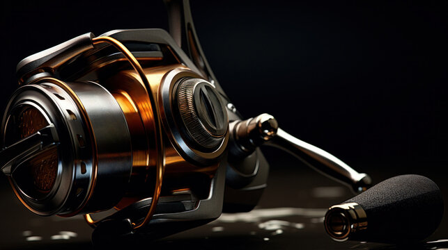 A close up of a fishing reel on the floor with water, AI