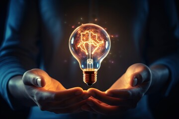 New shiny smart idea or brainstorming concept with hand holding shining lightbulb with glowing brain inside