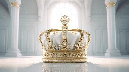3d rendered royal golden crown with glass diamonds on white palace balcony in the background - obrazy, fototapety, plakaty