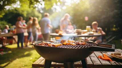 Fotobehang friends having barbecue party at backyard, friends having fun on vacation, enjoying summer weekend © Daniel