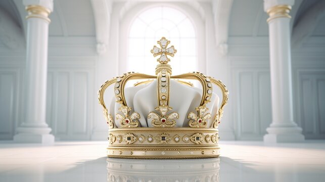3d rendered royal golden crown with glass diamonds on white palace balcony in the background