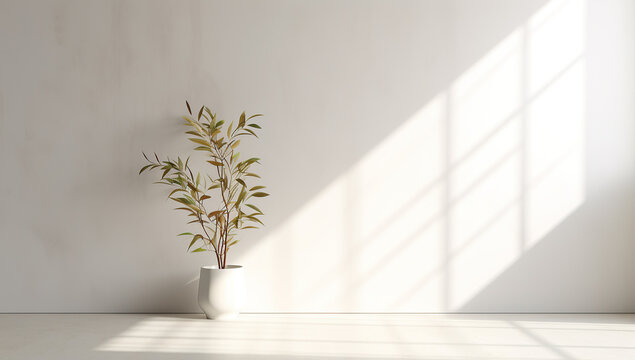Plant  beside the wall with sun light shine in showing beautiful shadow on  empty wall. Background, mockup, backdrop, Green, houseplant decoration