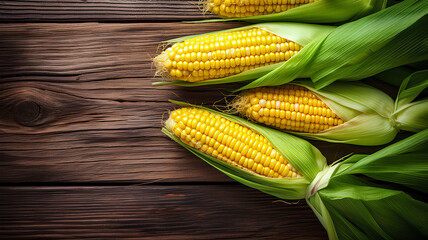 Fresh corn on cobs on wooden table, top view. With copy space. - Powered by Adobe