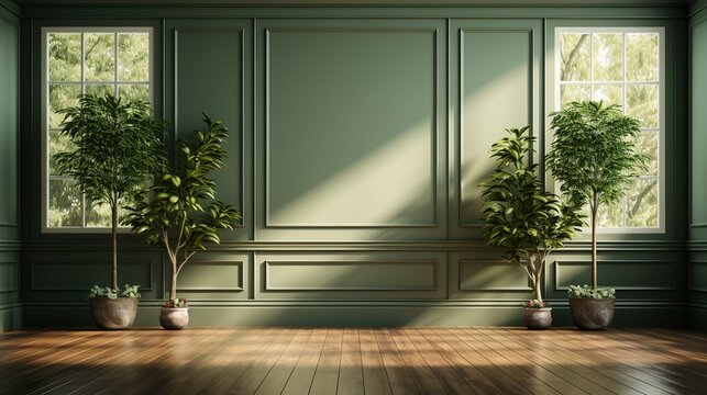 Fototapeta Green classic interior with blank wall, wooden floor and two ornamental plants. 3d rendering.