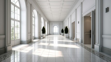 Interior of a long hallway with open doors, clean shiny floors and white walls in a luxury apartment or hotel