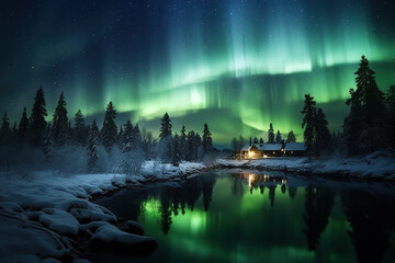 Aurora borealis over the frosty forest in Finland. Green northern lights above mountains. Night nature landscape with polar lights. winter landscape with aurora. - obrazy, fototapety, plakaty