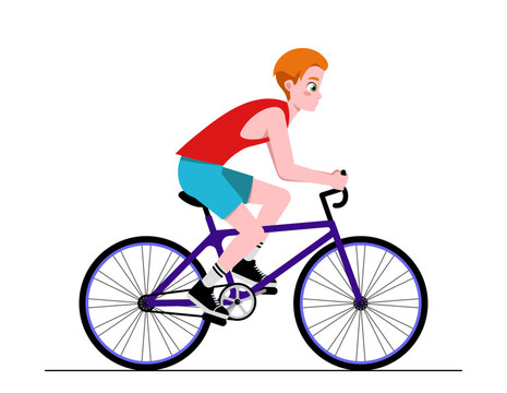 Person riding bicycle. Happy teenage boy cycling on bike. Young character in sportswear doing sports. Activity and healthy lifestyle. Cartoon flat vector illustration isolated on white background
