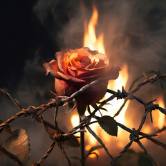 rose wrapped in barbed wire fence and the fire burning behind - obrazy, fototapety, plakaty