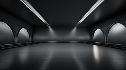 Naklejka premium Dark black empty architecture interior space room studio background. Light Wall And Floor In A 3d Render Background
