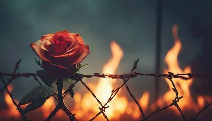 Selbstklebende Fototapeten rose wrapped in barbed wire fence and the fire burning behind © Paula