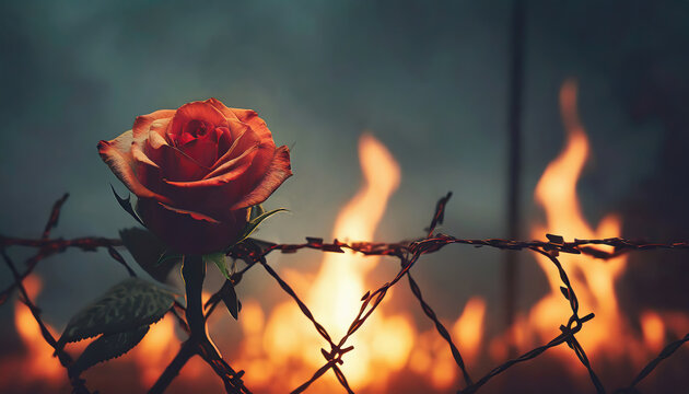 rose wrapped in barbed wire fence and the fire burning behind