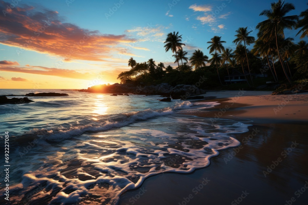 Poster sun is setting on a tropical beach generative ai