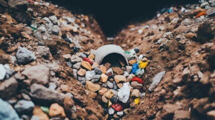 A hole in the ground with rocks and a pipe sticking out of it, AI - Powered by Adobe