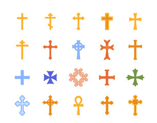 Cross color icons set. Bright stickers or symbol of faith, belief and religion. Graphic elements for website. Christianity and Catholicism. Cartoon flat vector collection isolated on white background