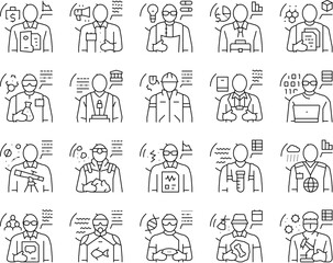 scientist laboratory lab science icons set vector. doctor research, medical technology, woman medicine, chemistry, scientific people scientist laboratory lab science black contour illustrations