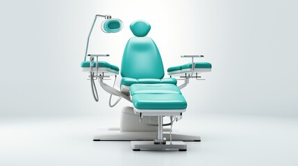 A dental chair with a light and a chair, ready for a patient's examination and treatment. - obrazy, fototapety, plakaty