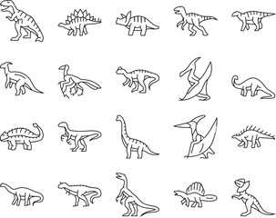 dinosaur dino animal cute icons set vector. jurassic rex, tyrannosaurus monster, funny prehistoric triceratops, nature fossil, forest dragon dinosaur dino animal cute black contour illustrations