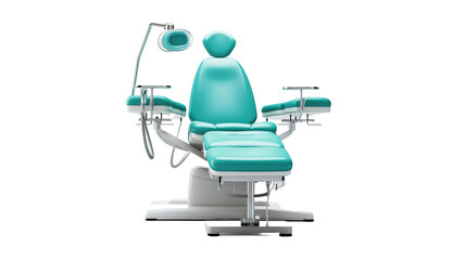 A dental chair with a light and a chair, ready for a patient's examination and treatment, isolated in the image