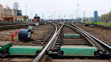 railway, in the photo there are railway switches and rails close-up