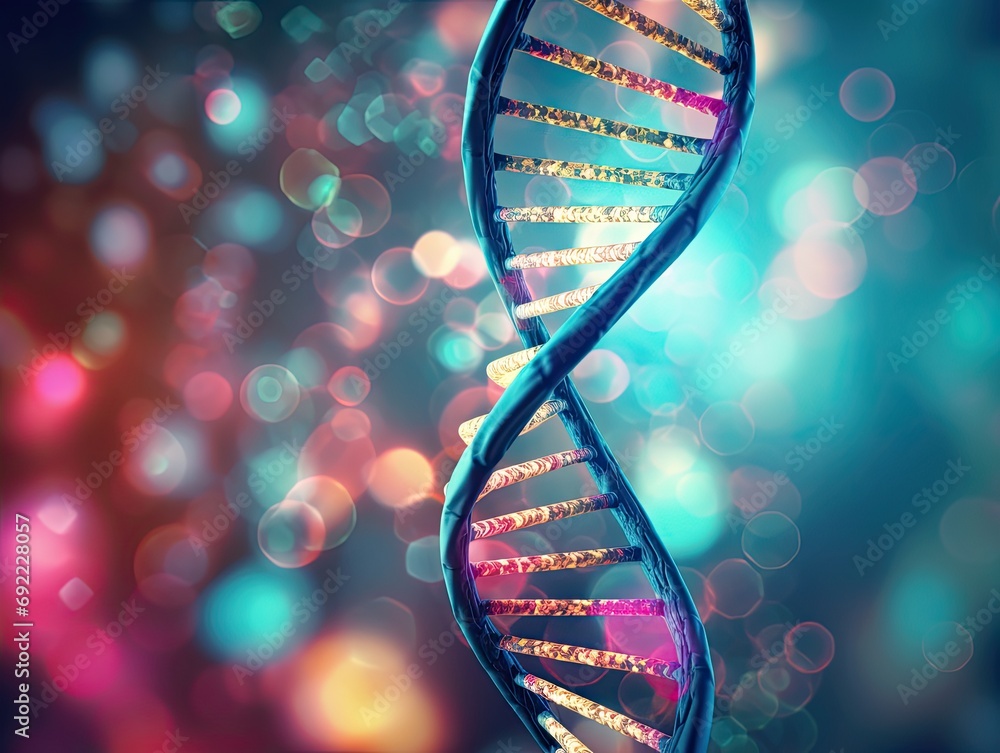 Leinwandbilder 3d rendering of a dna molecule, double helix structure against a detailed background
