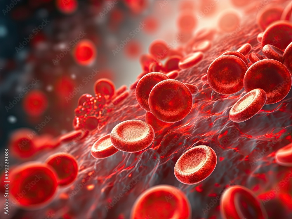 Poster 3D render of red blood cells coursing through a vein, offering a visual journey through the circulatory system