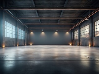 Blank empty warehouse with glowing glowing lights in the corner - Powered by Adobe