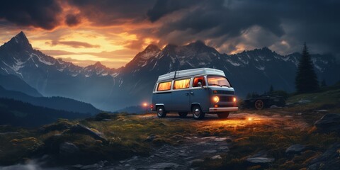 Scenic Mountain Sunset with a Parked Van Generative AI