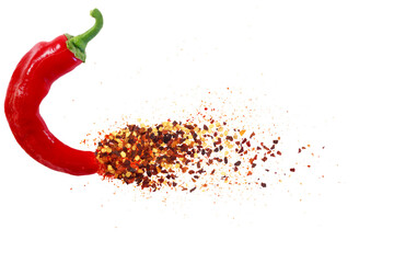  dry organic kashmiri red chili pepper with chili pepper flakes powder burst texture on cutout...