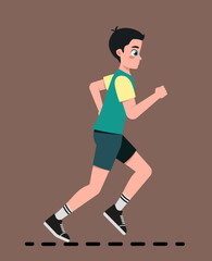 Fototapeta na wymiar Running teenage boy. Happy boy leading active lifestyle and doing cardio workout outdoors. Character jogging and doing physical exercises. Sports and active lifestyle. Cartoon flat vector illustration
