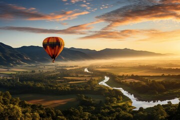 Majestic Hot Air Balloon Soaring Above a Scenic Valley Generative AI