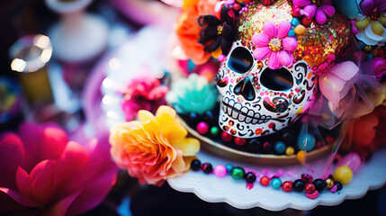 Colorful skulls with flowers on platter