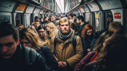 Tired depressed people in subway, rush hour - obrazy, fototapety, plakaty