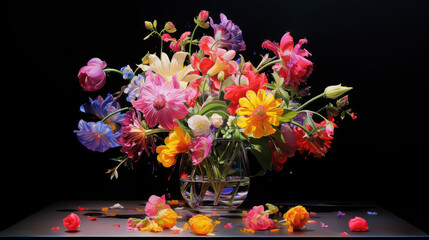 Bouquet of glowing colorful flowers on dark background