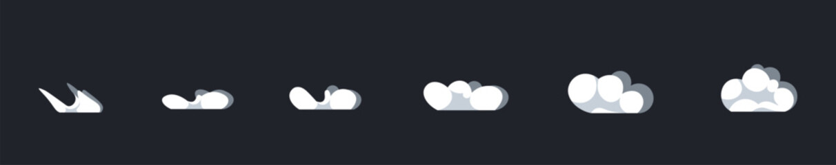 Smoke burst explosion animation. Moving cloud in night sky. Sequence of blast effect frames. Sprites for animation frame by frame. Cartoon flat vector illustration set isolated on dark background