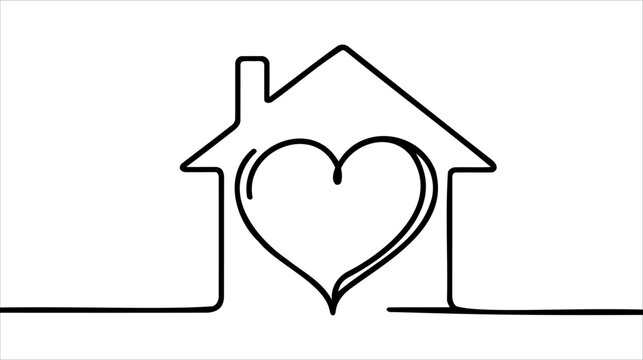 Home with heart line art drawing vector illustration. Continuous one line drawing house with heart shape.