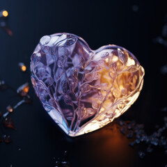 Intricate crystal in shape of heart on dark background