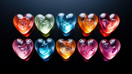 Set of multi-colored heart-shaped gemstones on black background