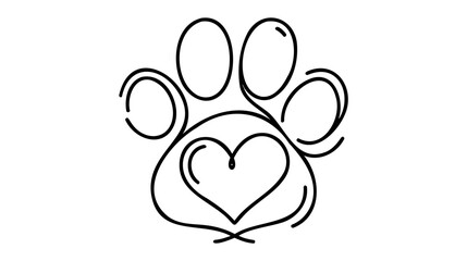 Fototapeta premium Heart with cat or dog paw in continuous one line drawing logo. Minimal line art. Animal foorprint in heart.
