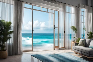 Evoke a sense of coastal tranquility with an image showcasing an entryway framed by billowing sheer curtains, inviting the gentle ocean breeze indoors - obrazy, fototapety, plakaty
