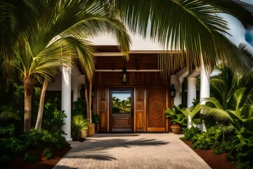 Convey the beauty of coastal elegance in an image featuring an entryway framed by tropical palm fronds, creating a lush and inviting coastal welcome