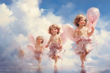 Watercolor painting of winged cherubs floating in a sky filled with hearts and soft clouds.