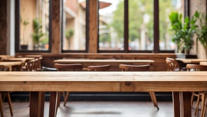 Empty Wooden Table for Product Presentation with Cafe, Restaurant Background	
